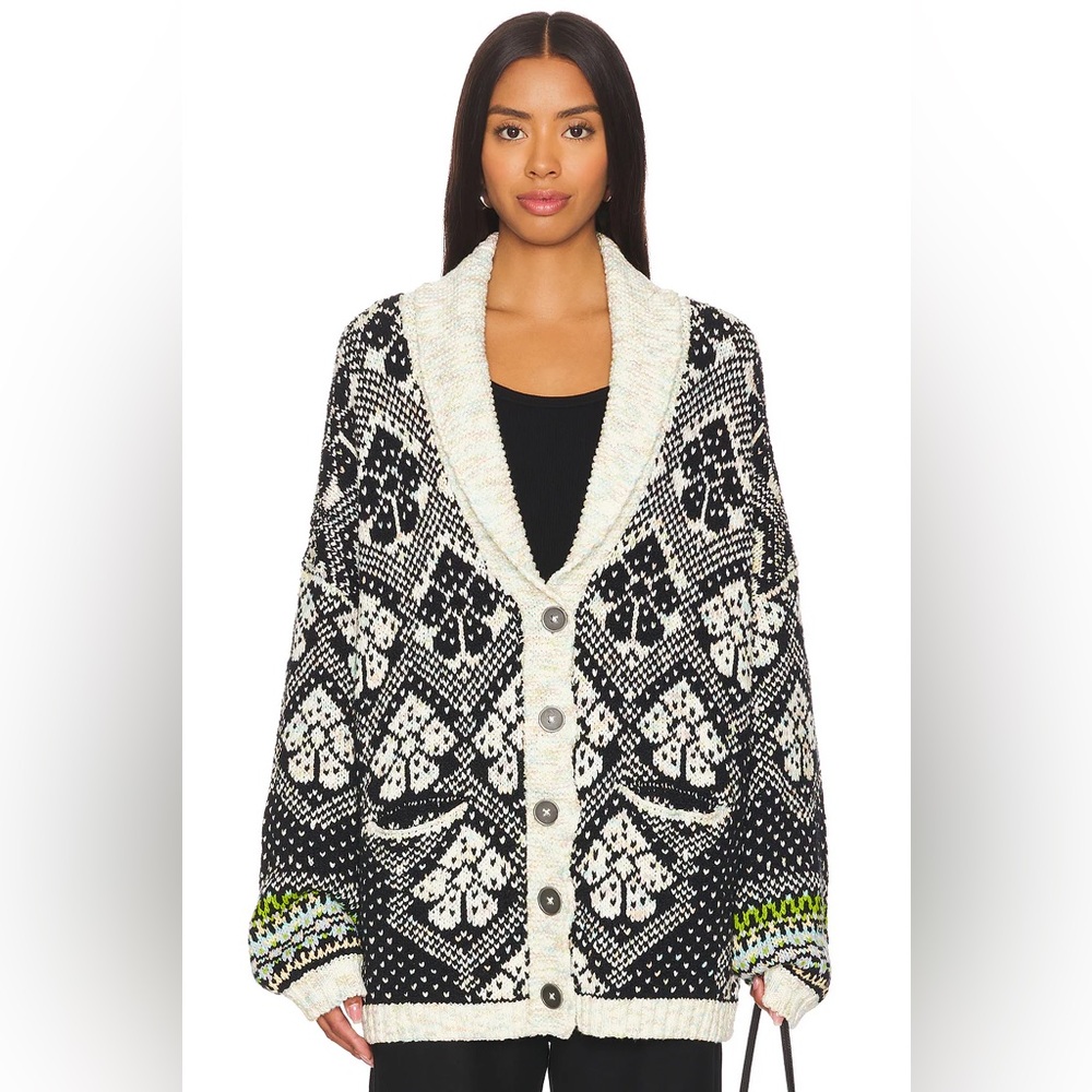 Free People Black and White Patterned Shawl Collar Cardigan